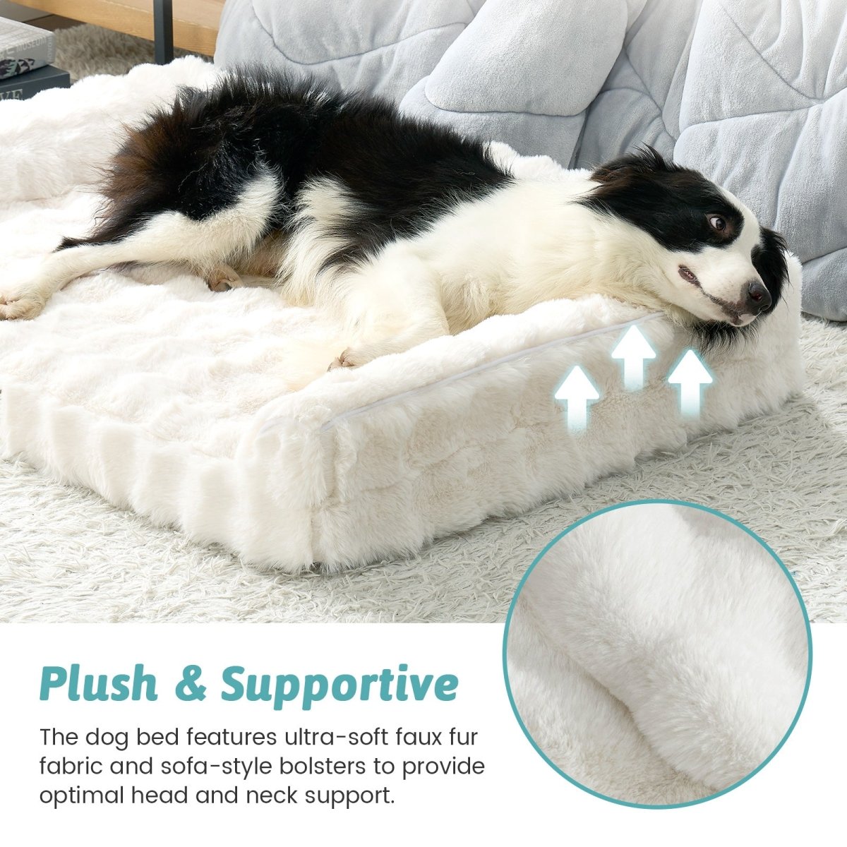Plush dog bed for pet with image highlighting the plush fabric and supportive bolster#Color_Beige