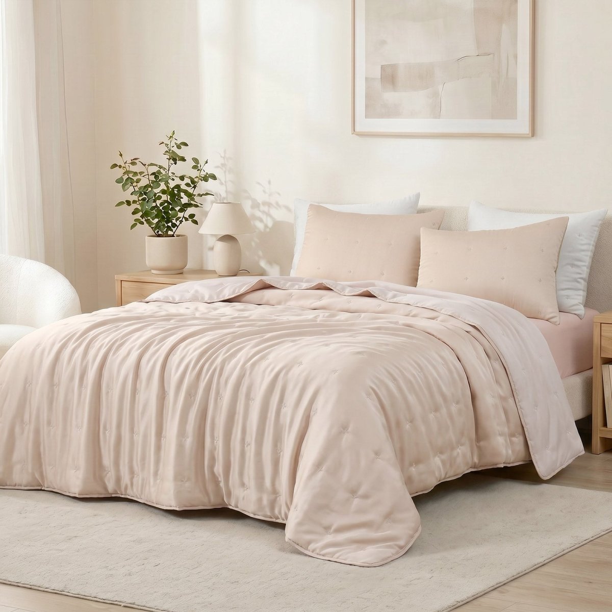 Cozy Bliss Tencel™ Lyocell Cooling Comforter in side view.#color_Champagne