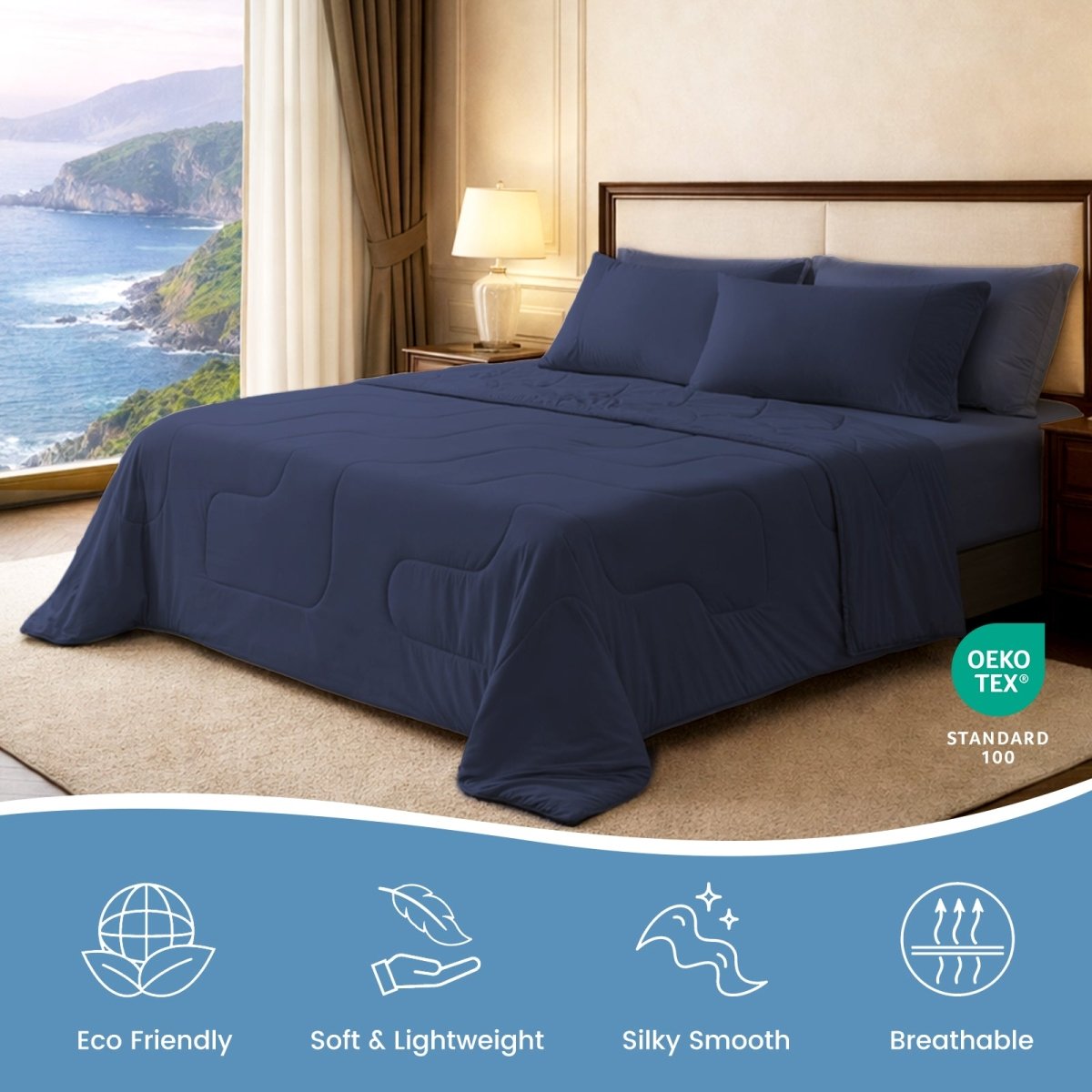 Cozy Bliss Sorona® Natural Fiber Ultra Breathable Cooling Comforter in navy blue.#Color_Navy Blue