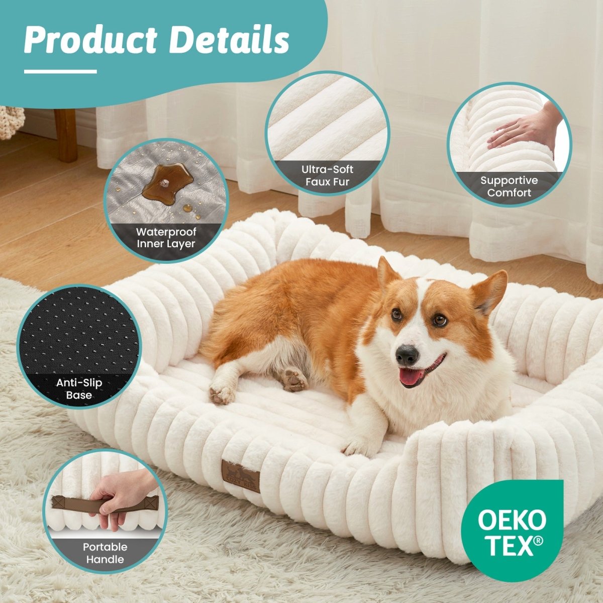Multi-functional OEKO-TEX certified pet bed in grey, supportive soft faux fur, waterproof inner layer, anti-slip base and portable handle.#Color_Cream White