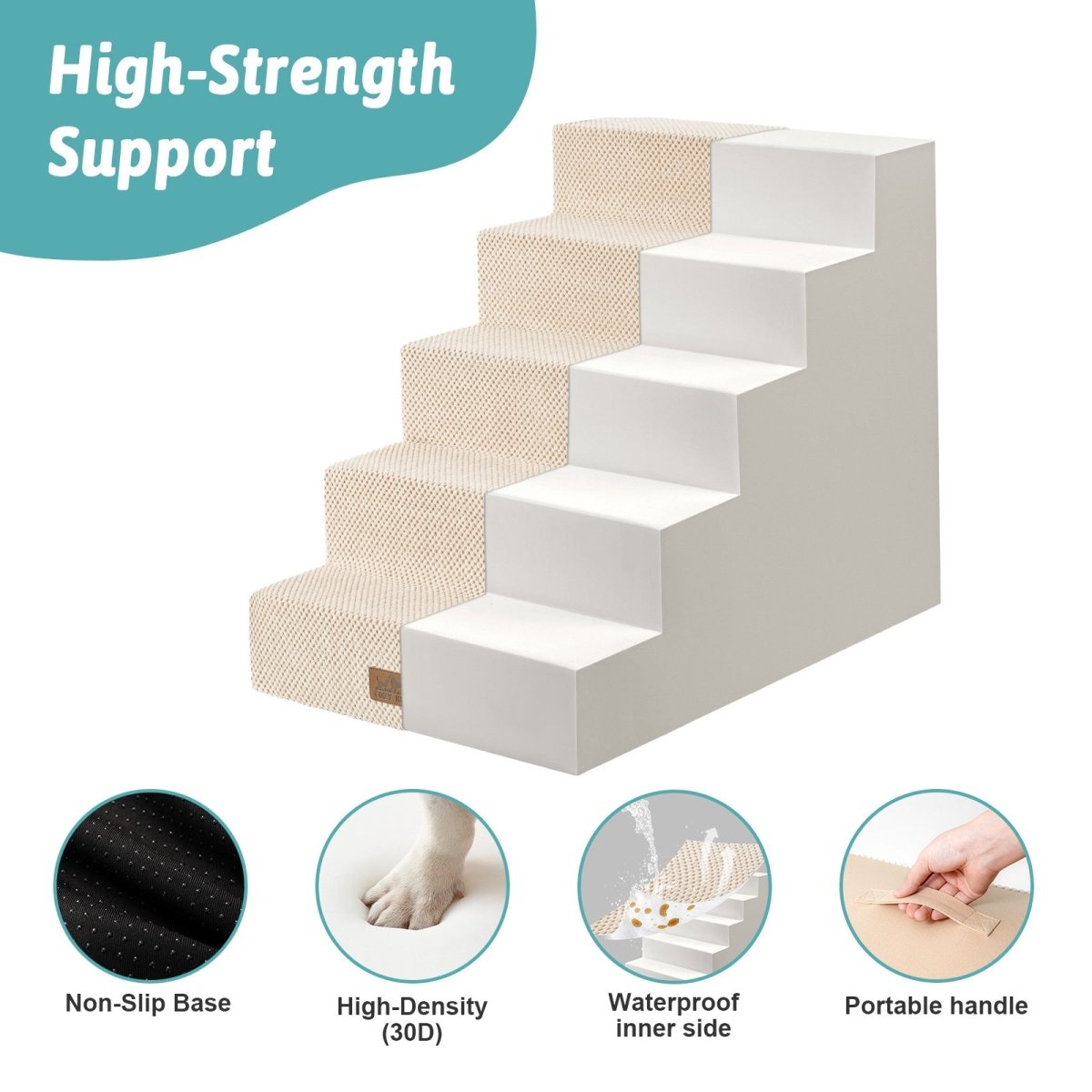 High-strength support of Cozy Bliss foam pet stairs featuring non-slip base, 30D high-density foam, waterproof inner side, and portable handle. #color_Beige