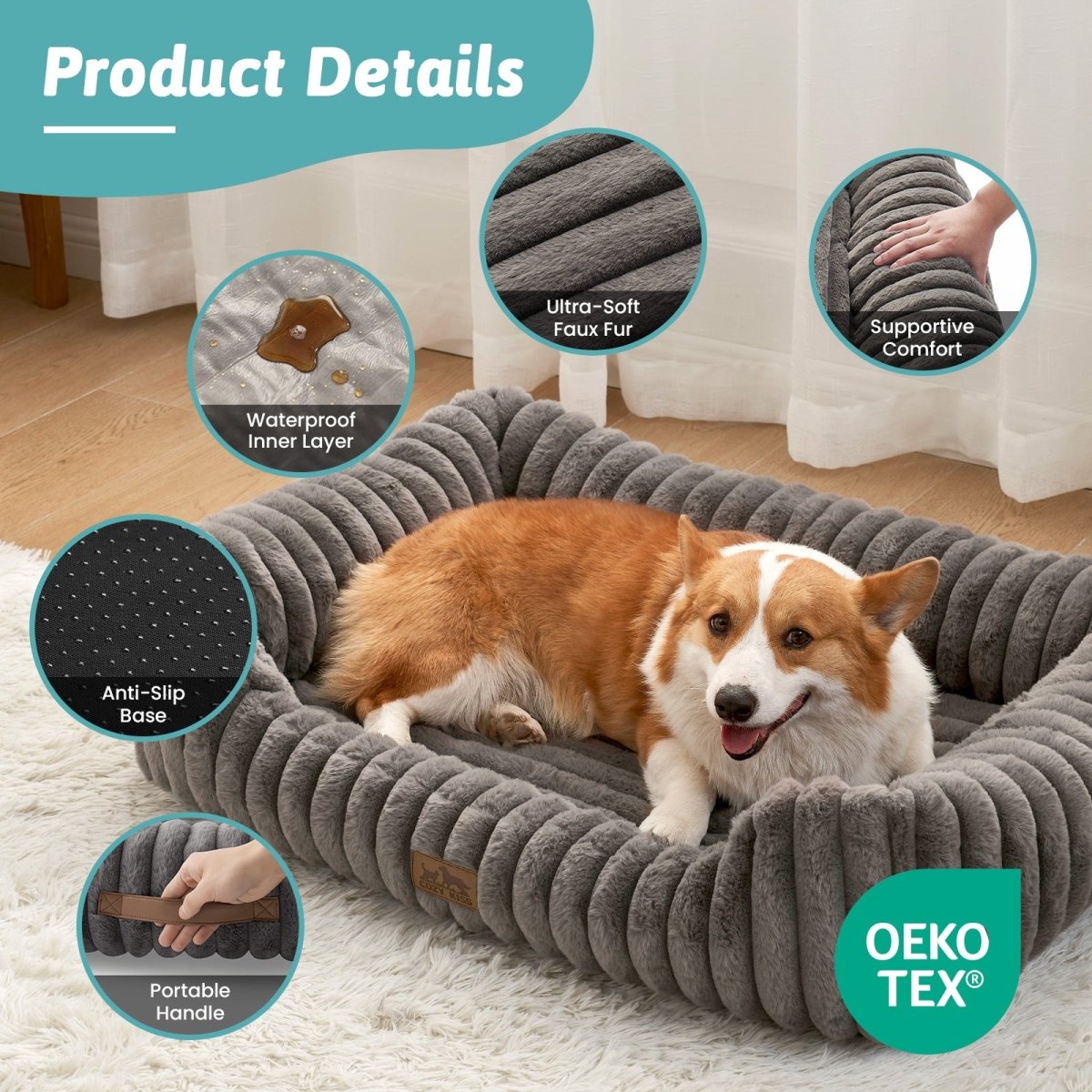 Multi-functional OEKO-TEX certified pet bed in grey, supportive soft faux fur, waterproof inner layer, anti-slip base and portable handle.#Color_Grey