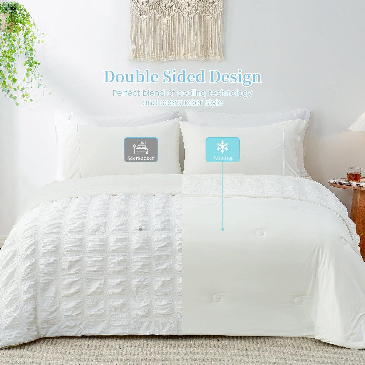 Double-sided cooling comforter, seersucker style & cooling technology for a comfortable sleep experience.#Color_Off White