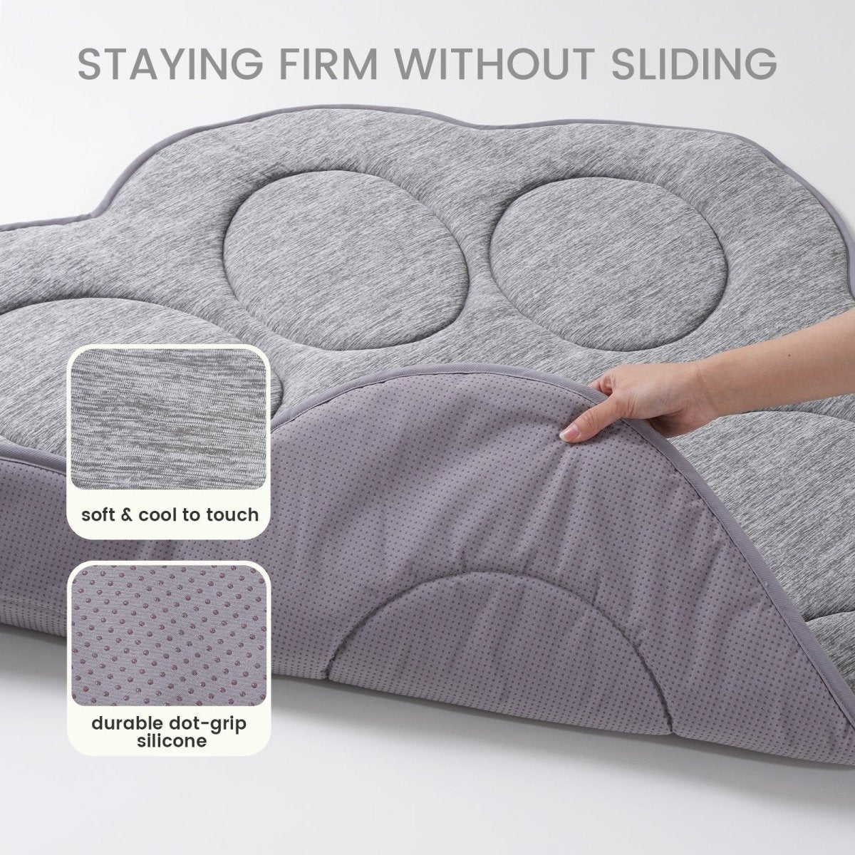 Gray paw-shaped cooling pet mat with text highlighting features on a white background#color_Grey