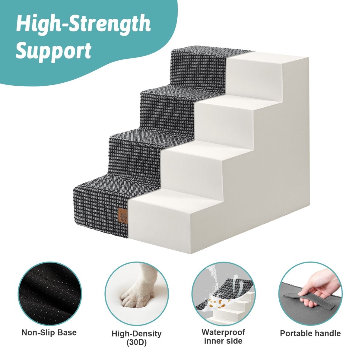 High-strength support of Cozy Bliss foam pet stairs featuring non-slip base, 30D high-density foam, waterproof inner side, and portable handle. #color_Grey
