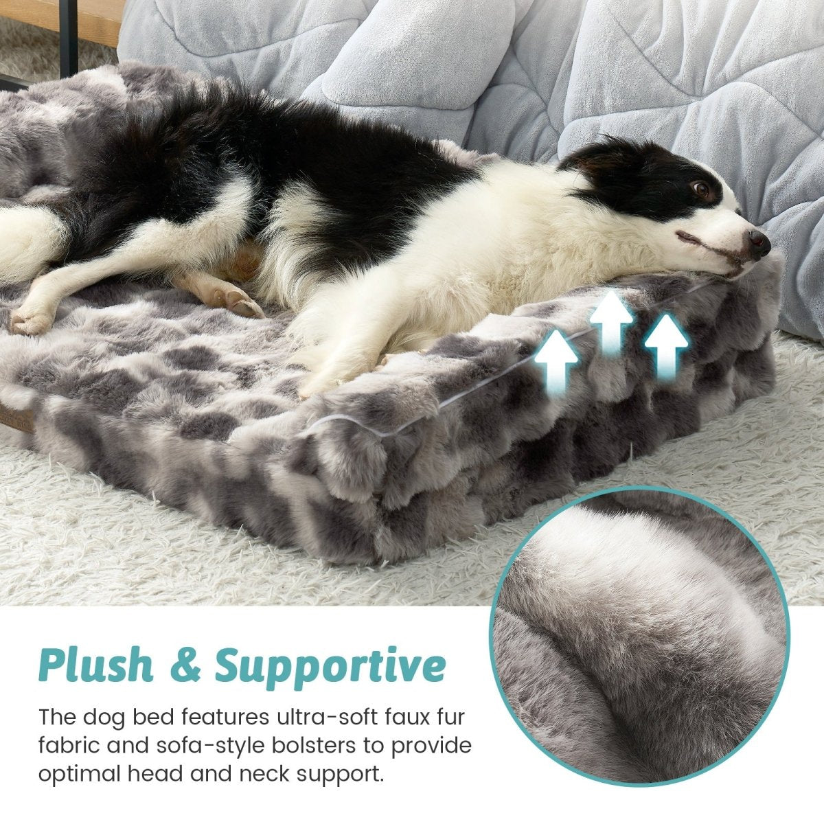 Plush dog bed for pet with image highlighting the plush fabric and supportive bolster#Color_Tie-dye Grey