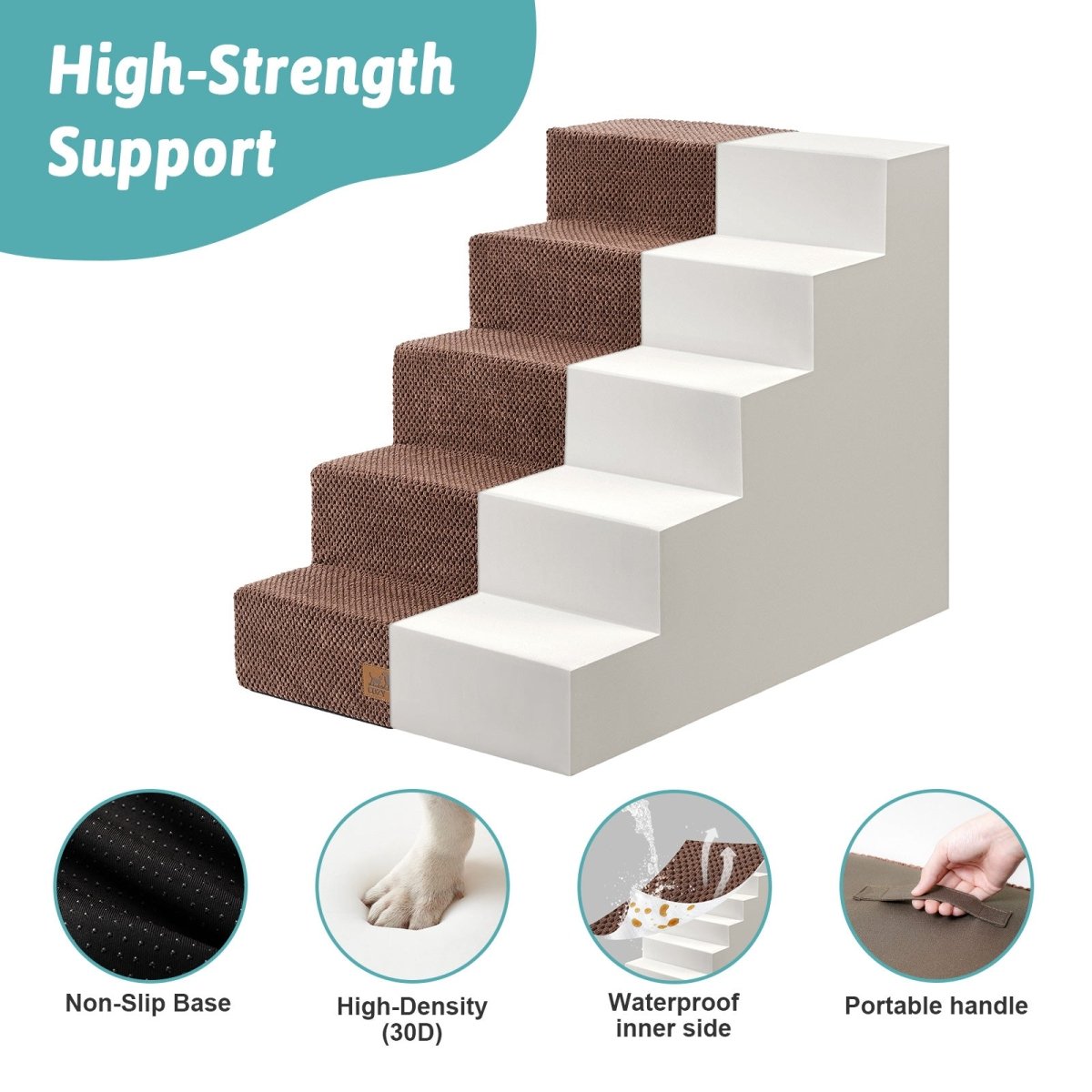 High-strength support of Cozy Bliss foam pet stairs featuring non-slip base, 30D high-density foam, waterproof inner side, and portable handle. #color_Brown