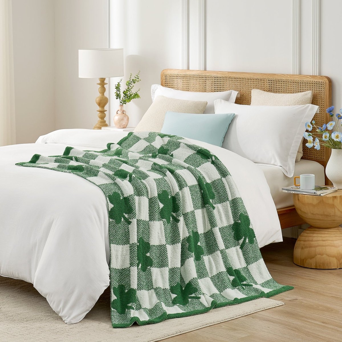Bed with green and white checkered blanket in a bedroom setting #color_Xmas Green