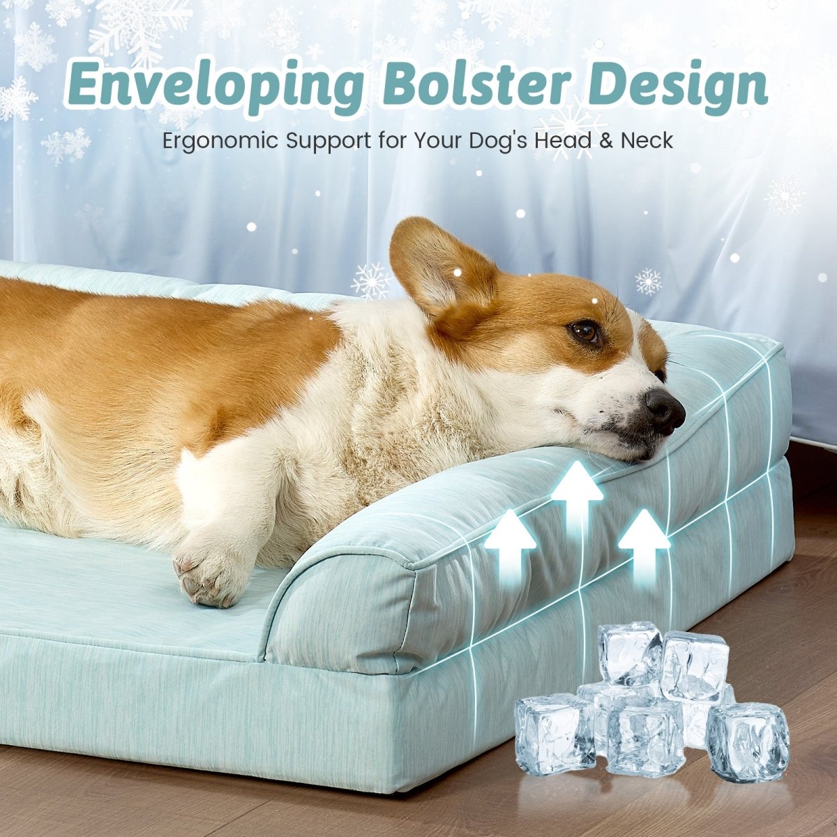 Dog lying on a green pet bed with text about ergonomic support for dogs' heads and necks.#color_Light Mint Green