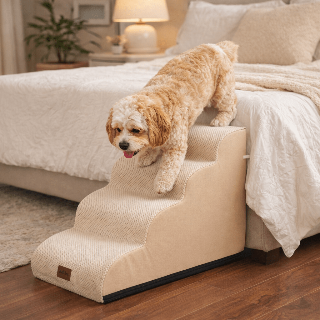 Dog using a pet staircase in a bedroom setting#color_Beige