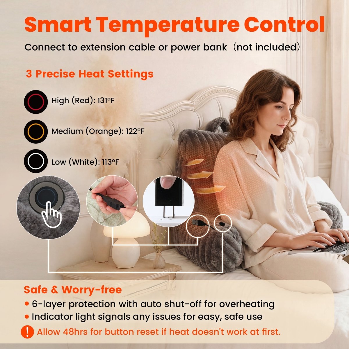 Smart temperature control and 6-layer protection heated reading pillow for comfort and safe. #color_Dark Grey