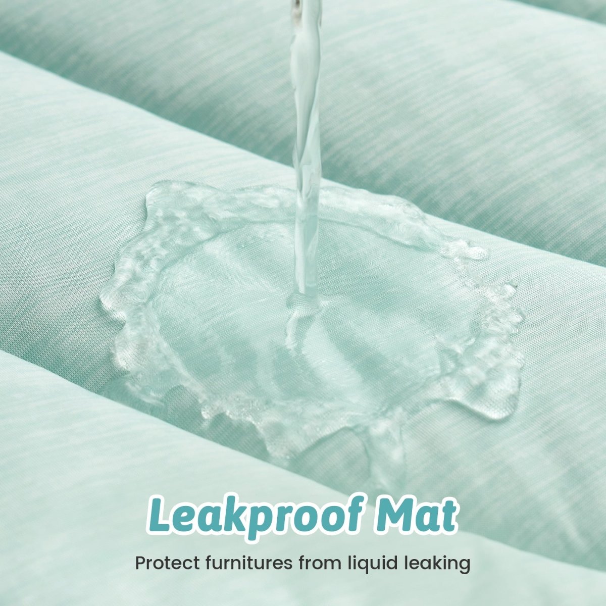 Leakproof mat demonstrating its effectiveness in preventing liquid from seeping through, with text 'Leakproof Mat' and 'Protect furnitures from liquid leaking'. #color_Light Mint Green