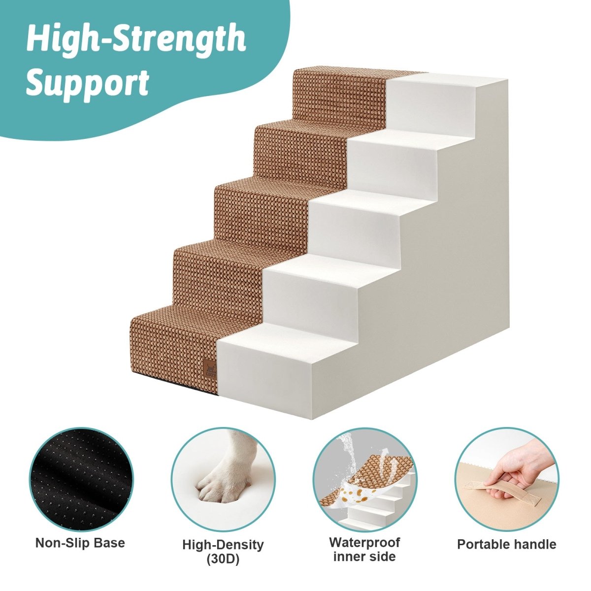 High-strength support of Cozy Bliss foam pet stairs featuring non-slip base, 30D high-density foam, waterproof inner side, and portable handle. #color_Light Brown