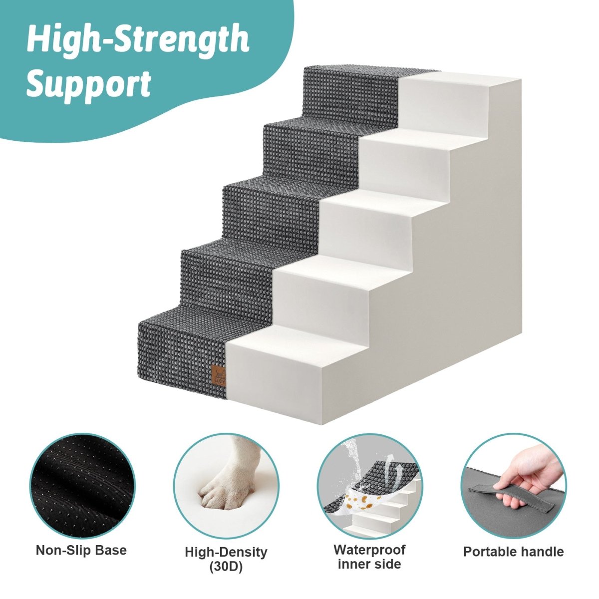 High-strength support of Cozy Bliss foam pet stairs featuring non-slip base, 30D high-density foam, waterproof inner side, and portable handle. #color_Grey