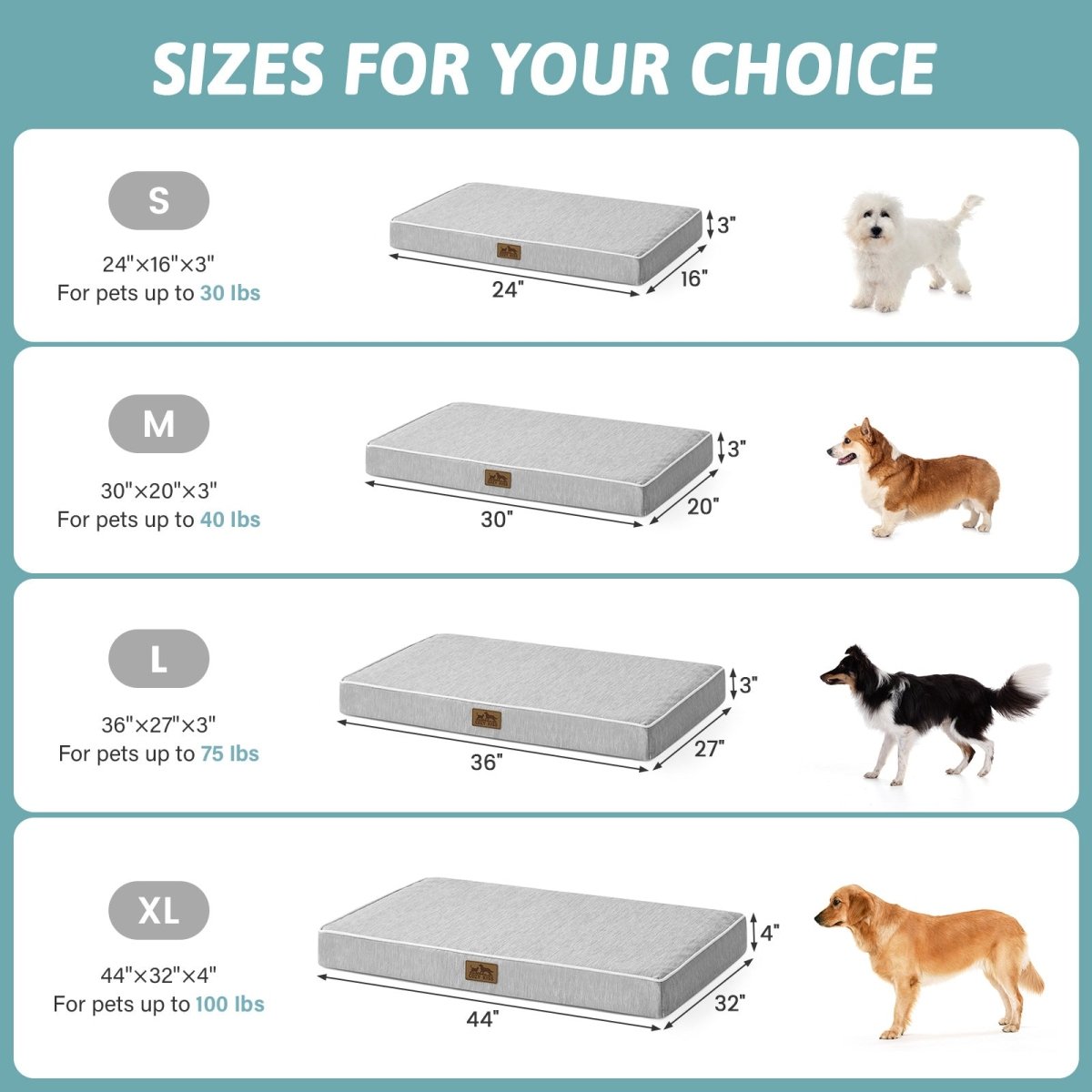 Dog bed size chart with measurements and corresponding pet weight capacities.