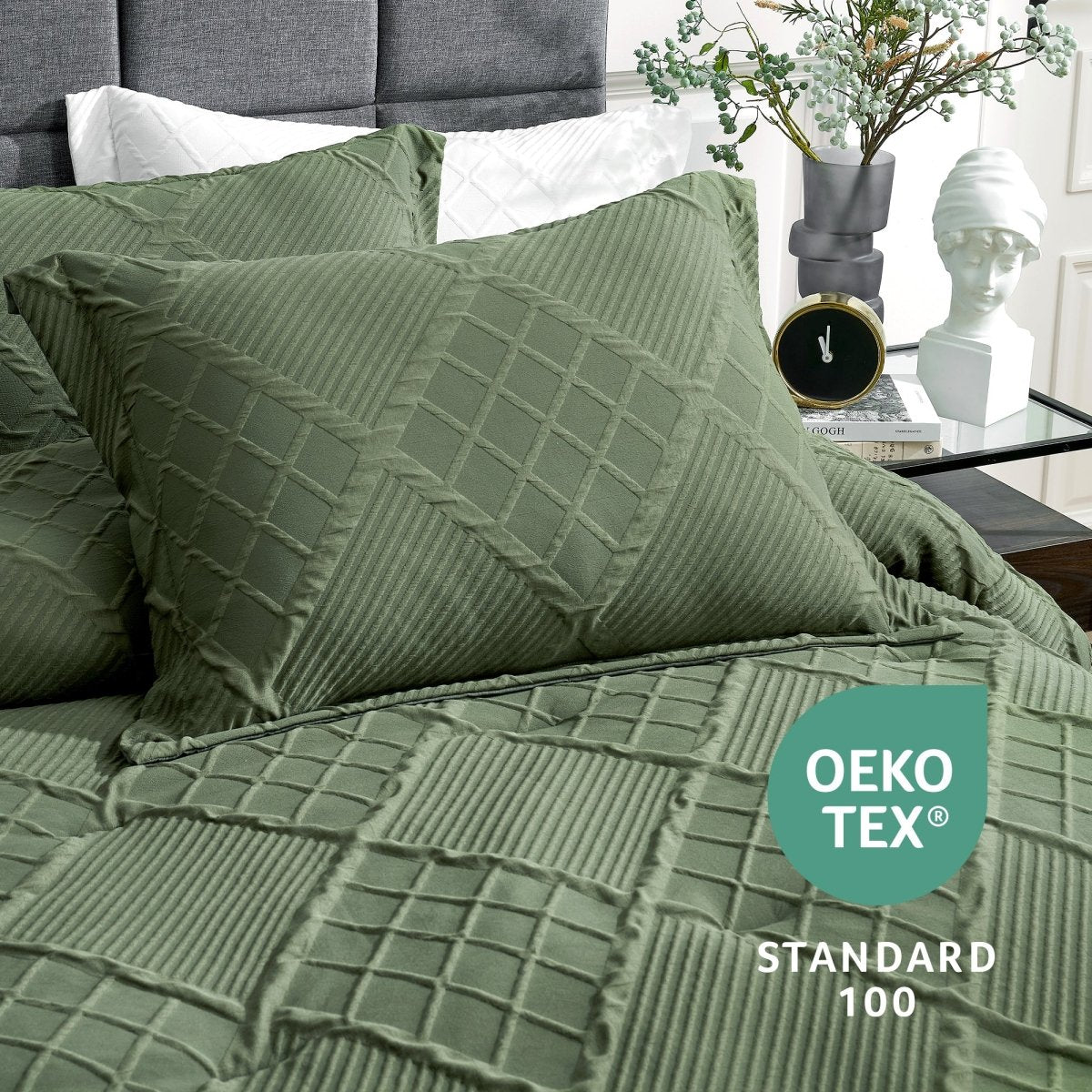 Close-up of the diamond jacquard pillow sham with OEKO-TEX STANDARD 100 certification detail #color_Oliver Green