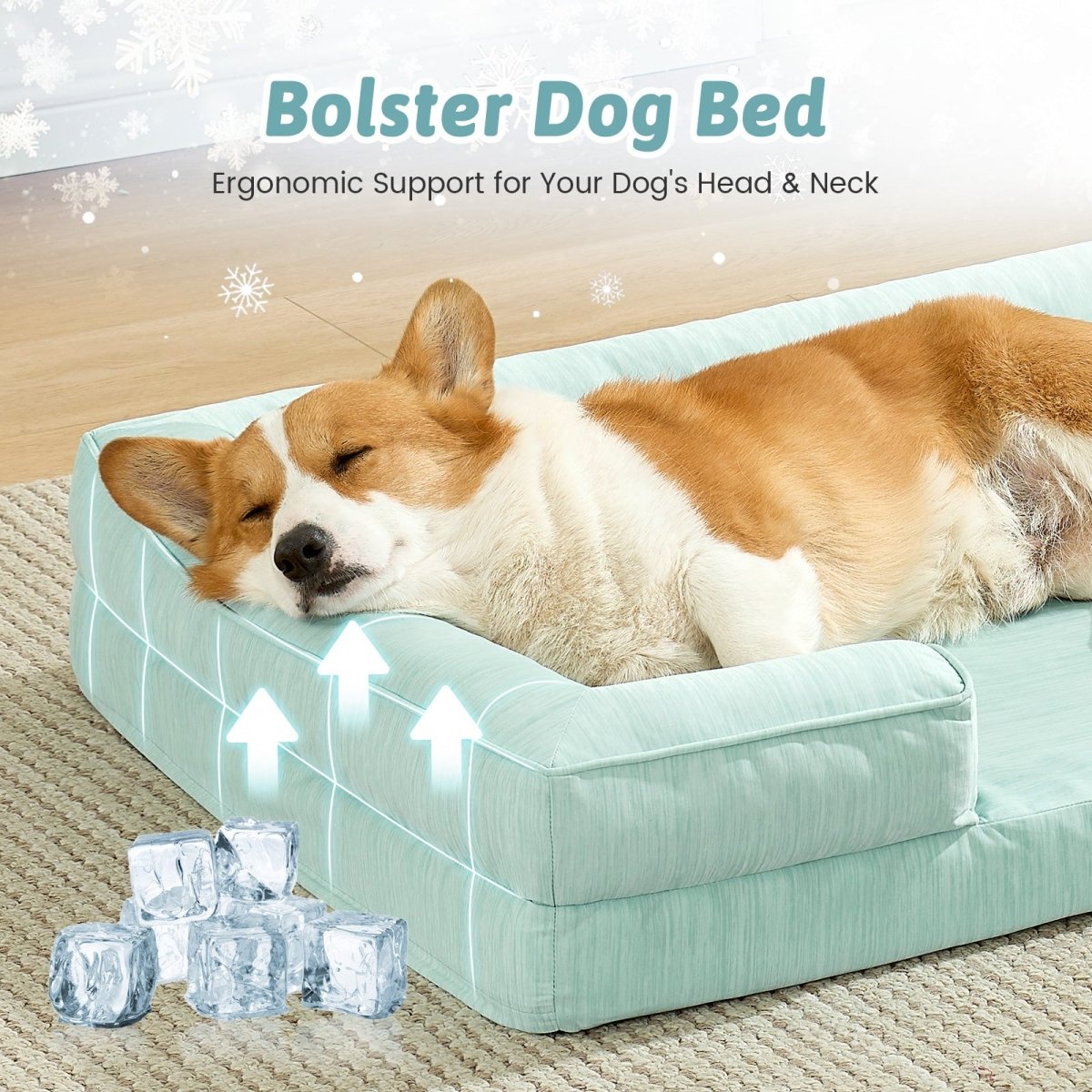 Dog resting on a green dog bed with ice cubes shown in front.#color_Light Mint Green