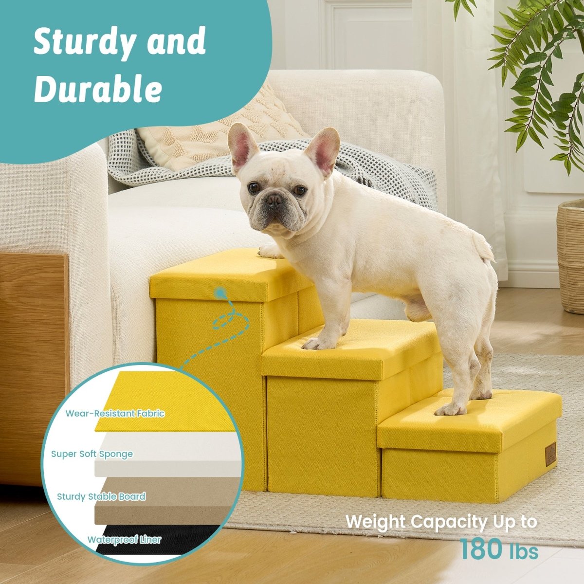 High stability Cozy Bliss storage pet stairs with 180 LBS weight capacity, sturdy and durable. #color_Yellow