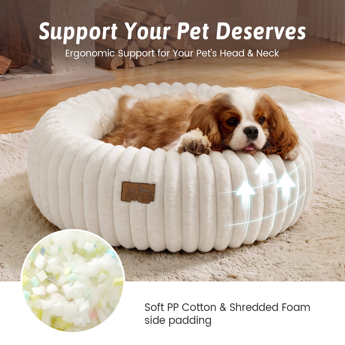 Cozy Bliss small dog resting inside  2-in-1 Striped Faux Fur Pet Bed in cream white in cozy bedroom#color_Cream White