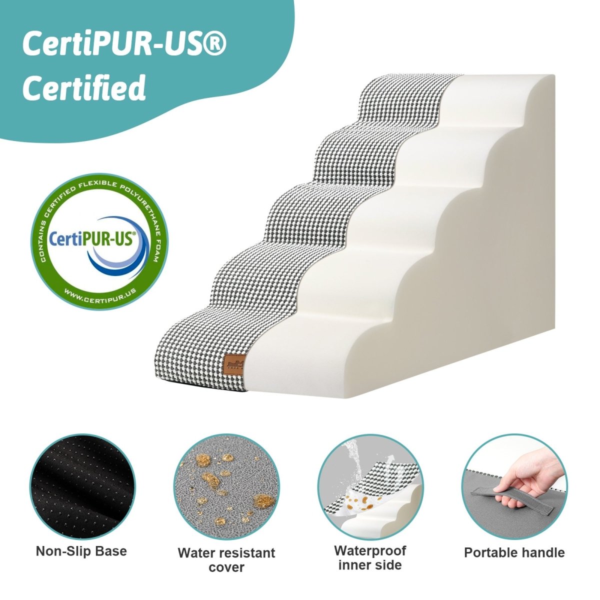 CertiPUR-US certified pet stairs with features highlighted on a white background#color_Black & White