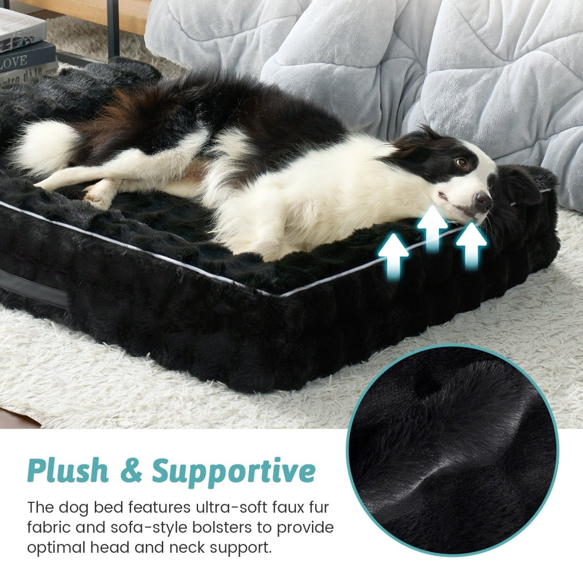 Plush dog bed for pet with image highlighting the plush fabric and supportive bolster#Color_Black
