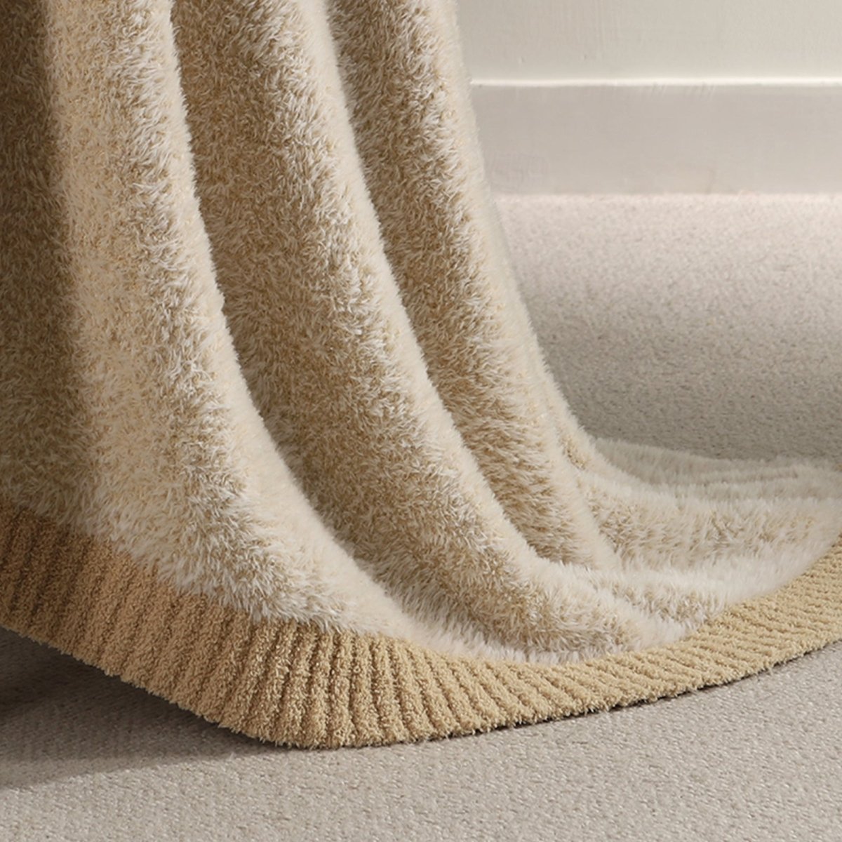 Close-up of faux mink texture on Faux Mink Feather Knit Throw Blanket in Beige highlighting soft plush fibers and cozy feel. #color_Beige