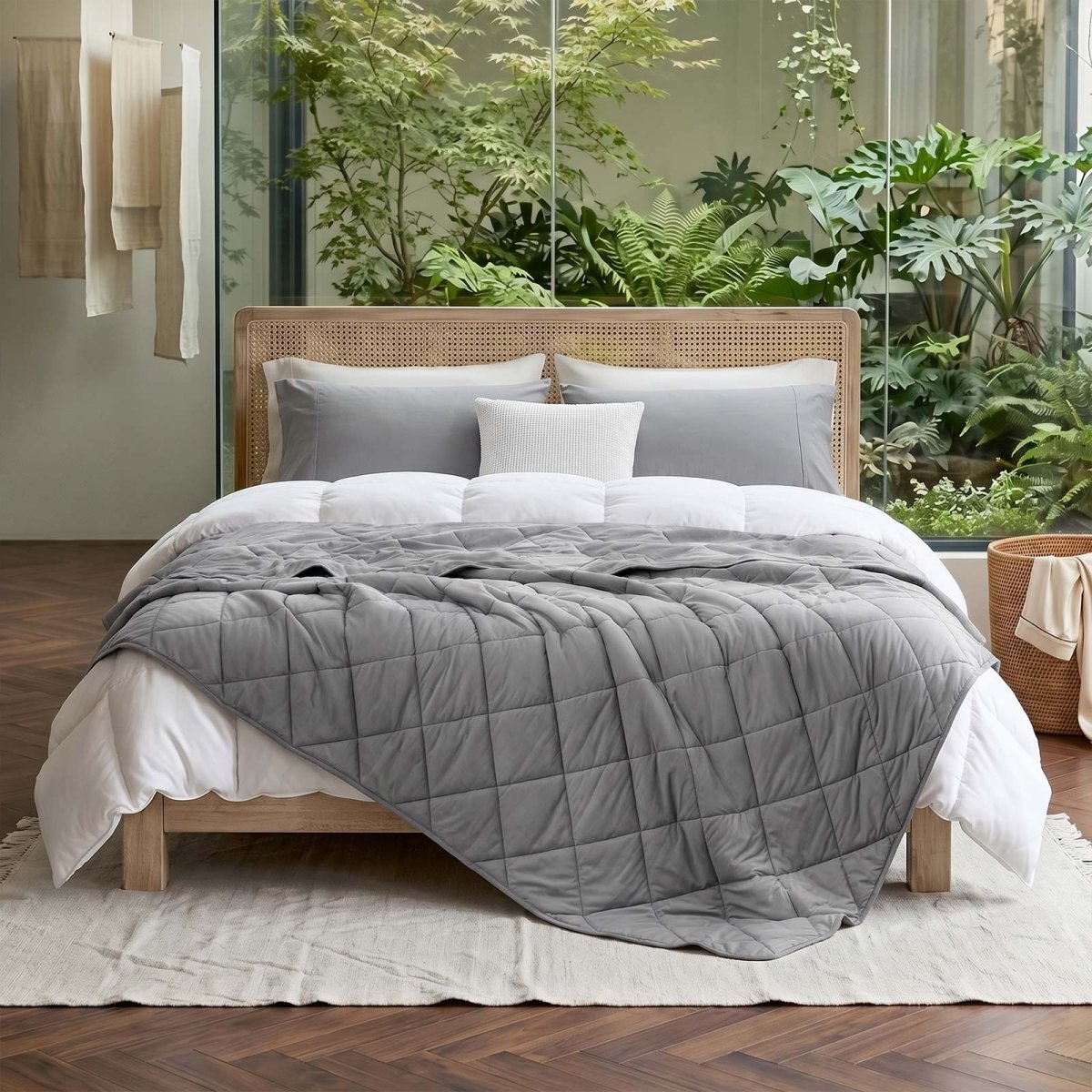 Cozy Bliss Chill Weave Square Cooling Blanket in a bedroom setting #Color_Dark Grey
