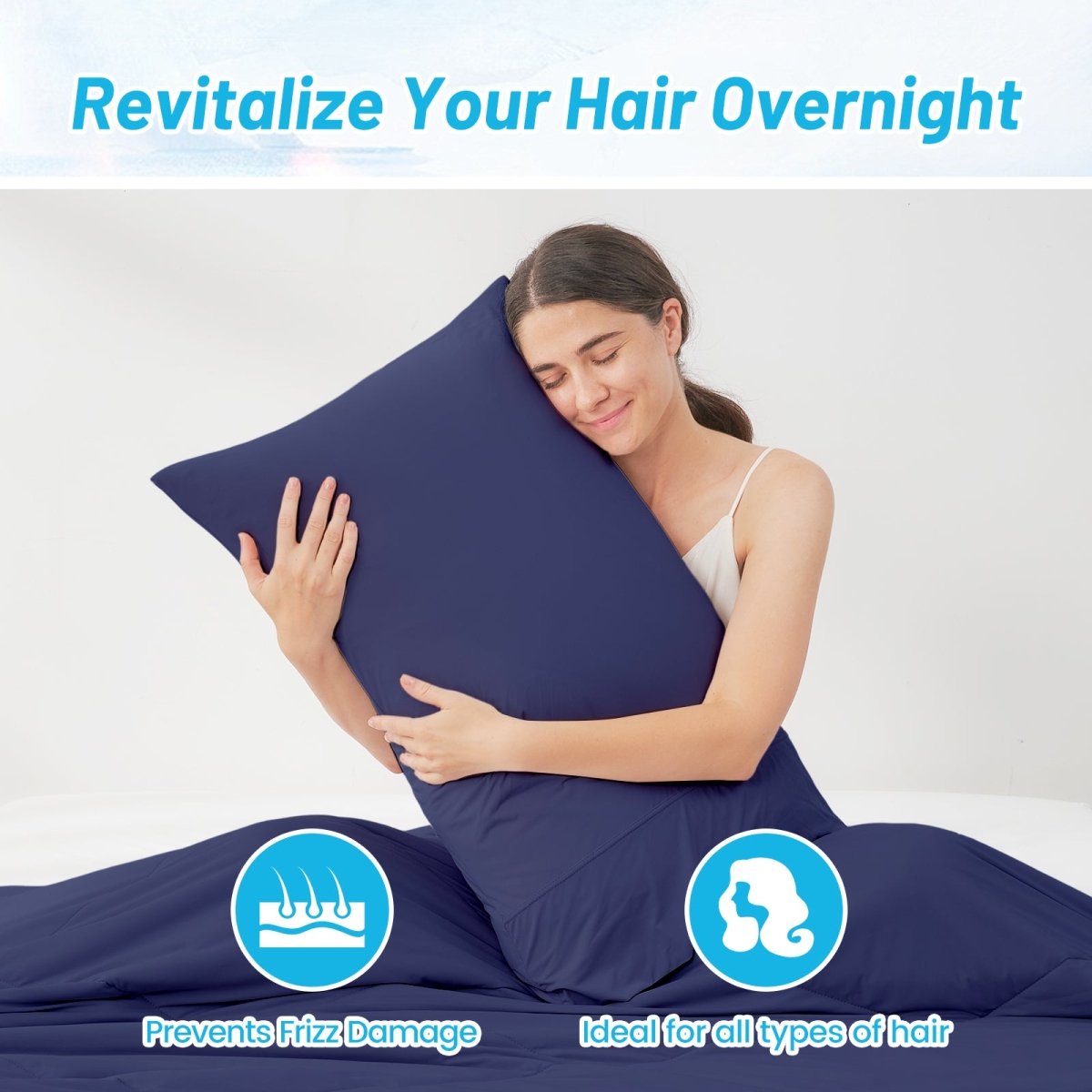 Navy blue cooling pillowcase, revitalizing hair overnight, prevents frizz and suits all hair types. #color_Navy Blue