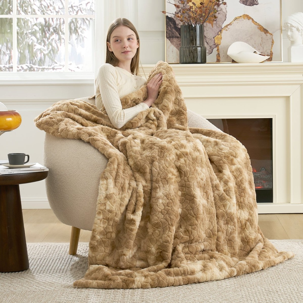 Cozy Bliss premium faux fur throw blanket styled across a sofa with a cozy winter atmosphere #color_Tie-dye Beige