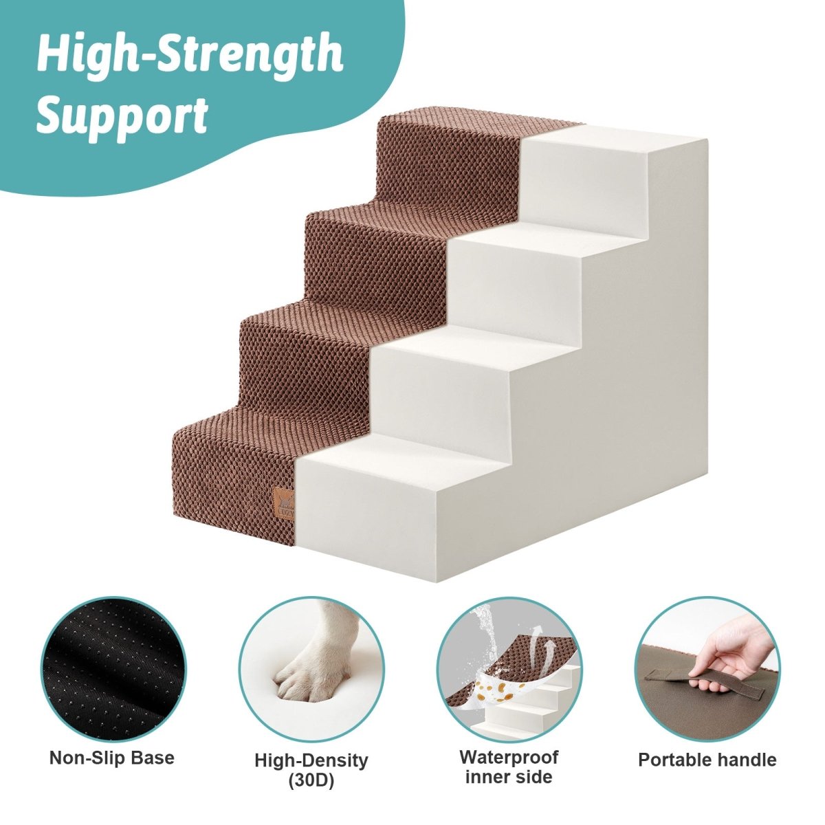 High-strength support of Cozy Bliss foam pet stairs featuring non-slip base, 30D high-density foam, waterproof inner side, and portable handle. #color_Brown