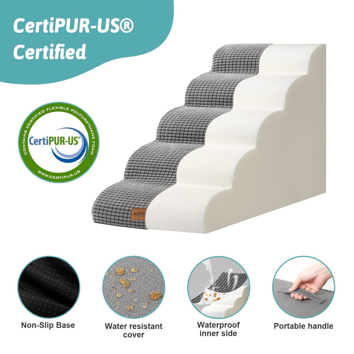 Pet stairs with CertiPUR-US certification logo and features listed.#color_Dark Grey