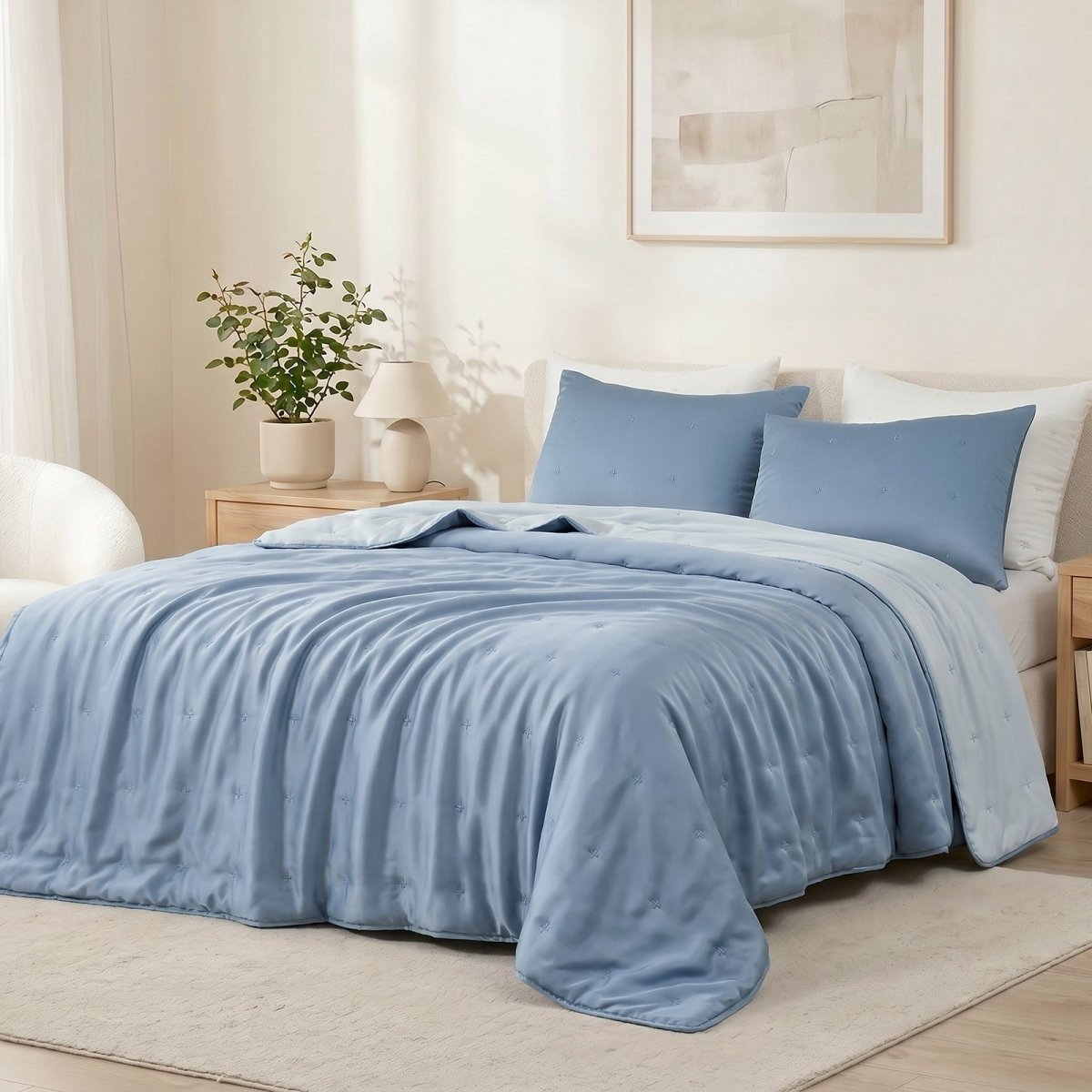 Cozy Bliss Tencel™ Lyocell Cooling Comforter in side view.#color_Dark Blue