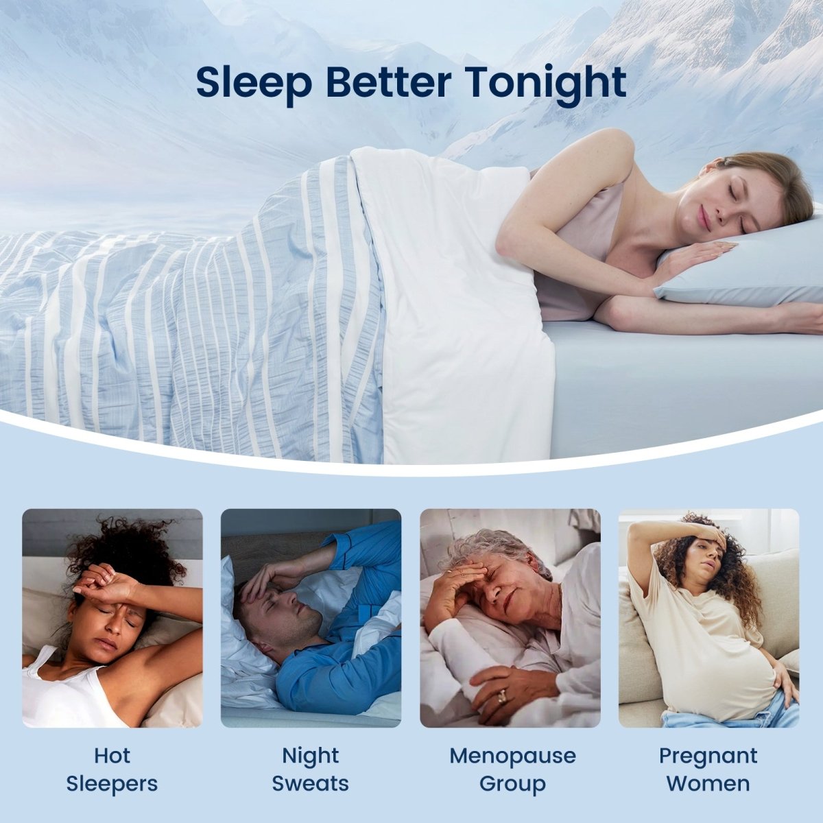 Woman sleeping under a cooling comforter in Sky Blue for cooler and more comfortable sleep #color_Sky Blue