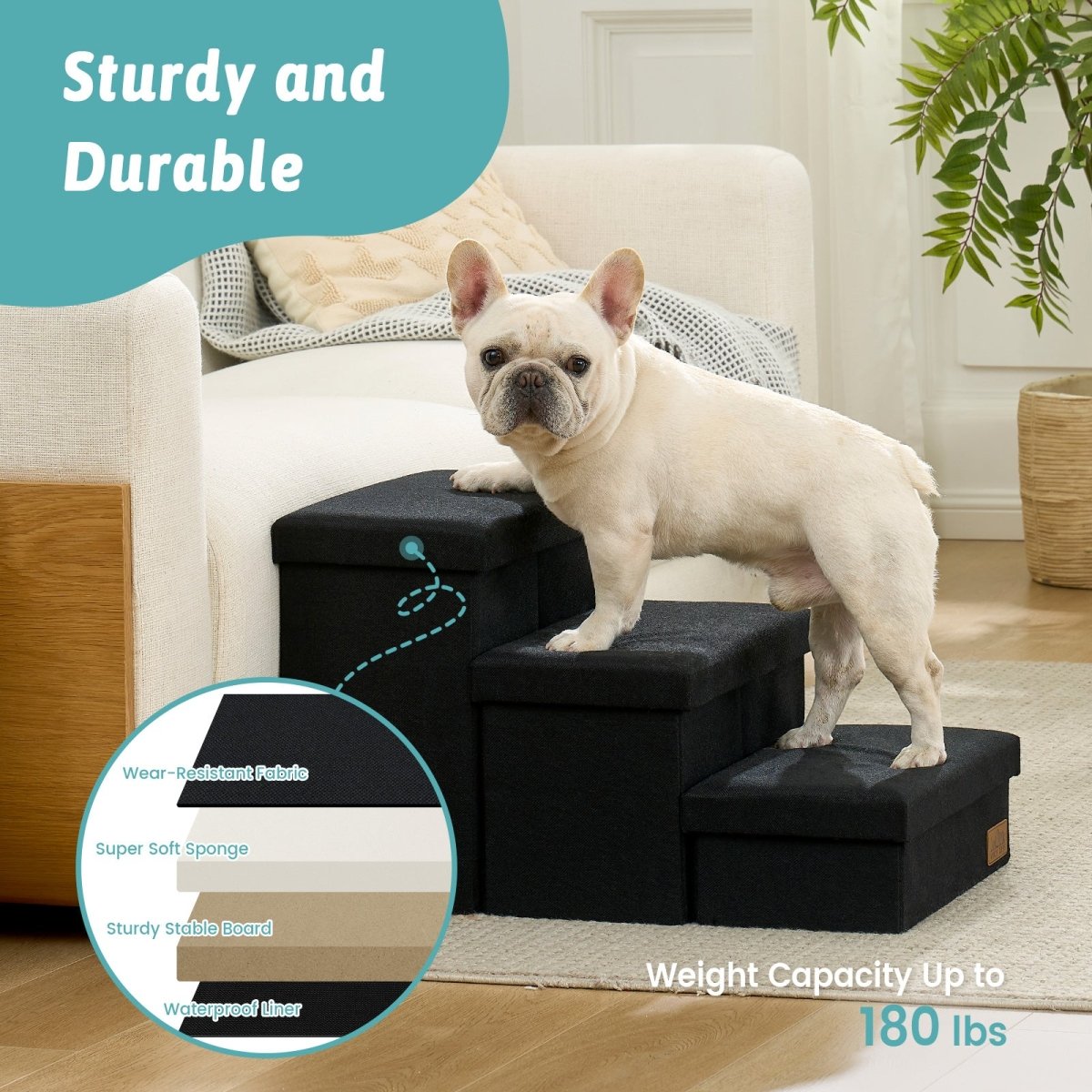 High stability Cozy Bliss storage pet stairs with 180 LBS weight capacity, sturdy and durable. #color_Black