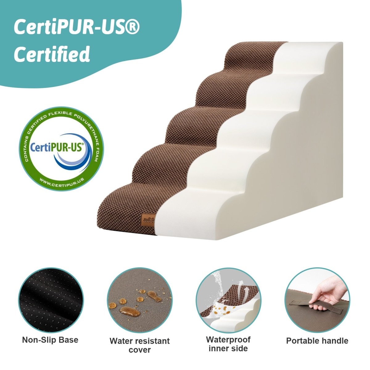 Pet stair with CertiPUR-US certification on a white background#color_Brown