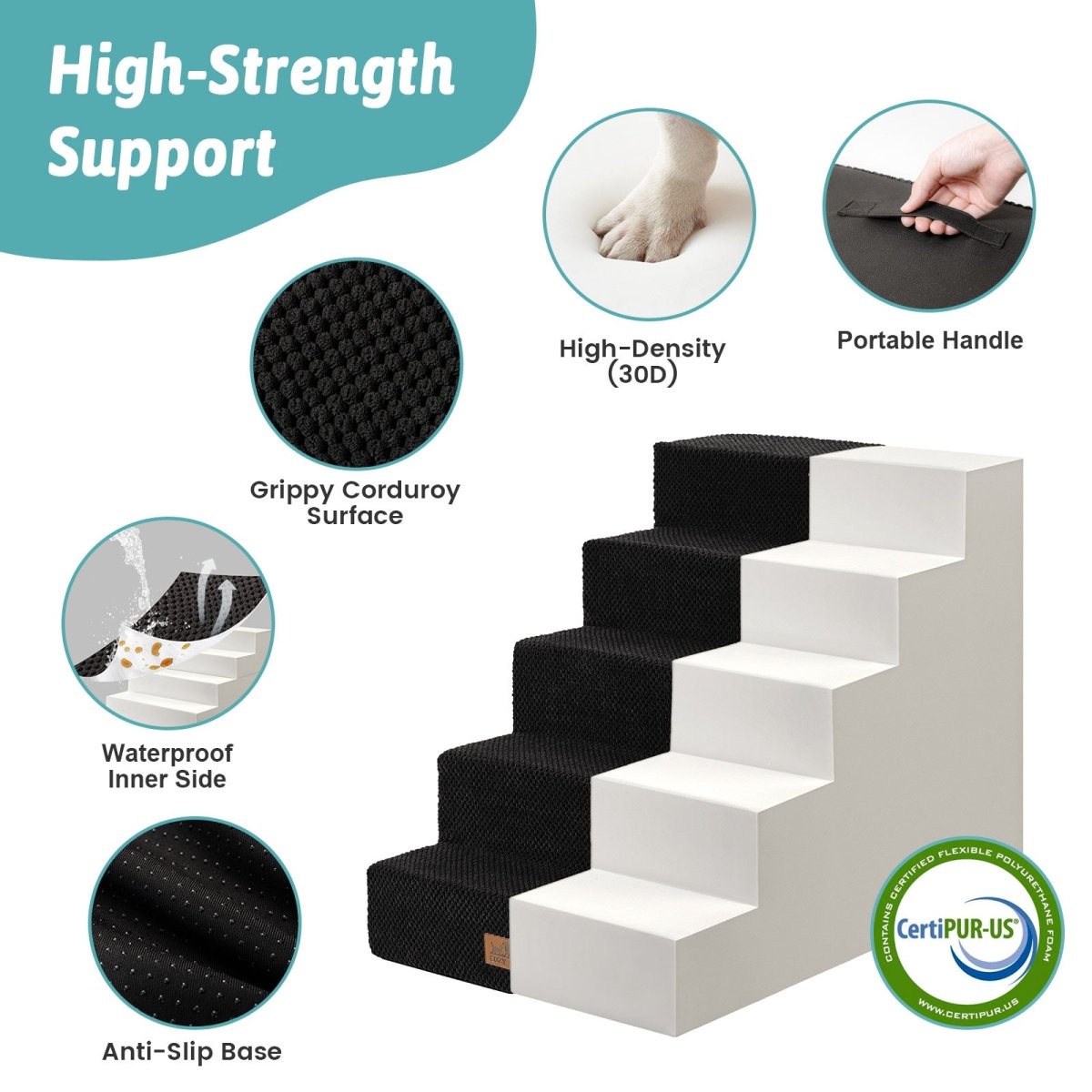 High-strength support of Cozy Bliss foam pet stairs featuring non-slip base, 30D high-density foam, waterproof inner side, and portable handle. #color_Black