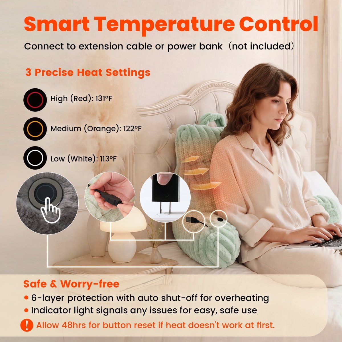 Smart temperature control and 6-layer protection heated reading pillow for comort and safe.#color_Sage Green