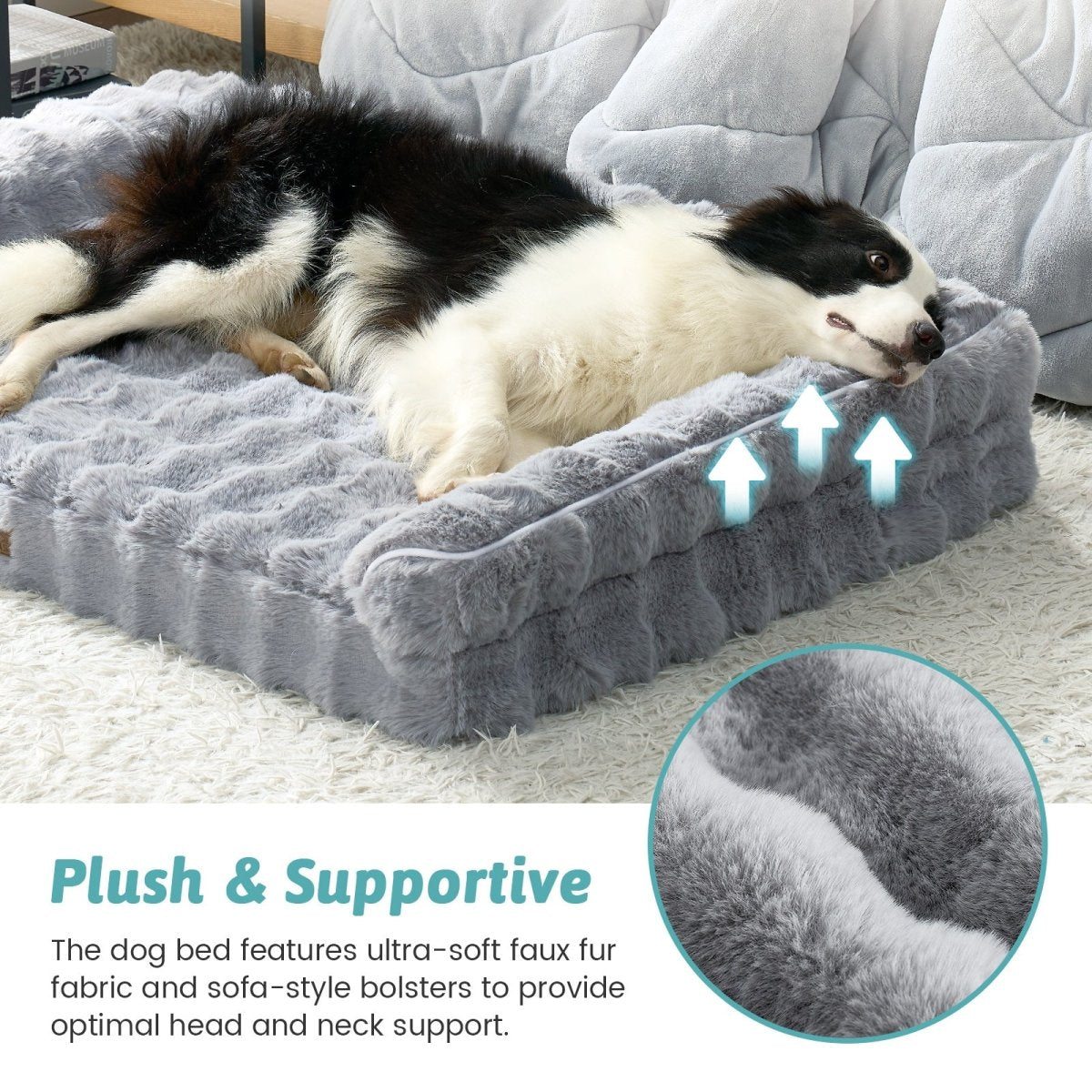 Plush dog bed for pet with image highlighting the plush fabric and supportive bolster#Color_Grey