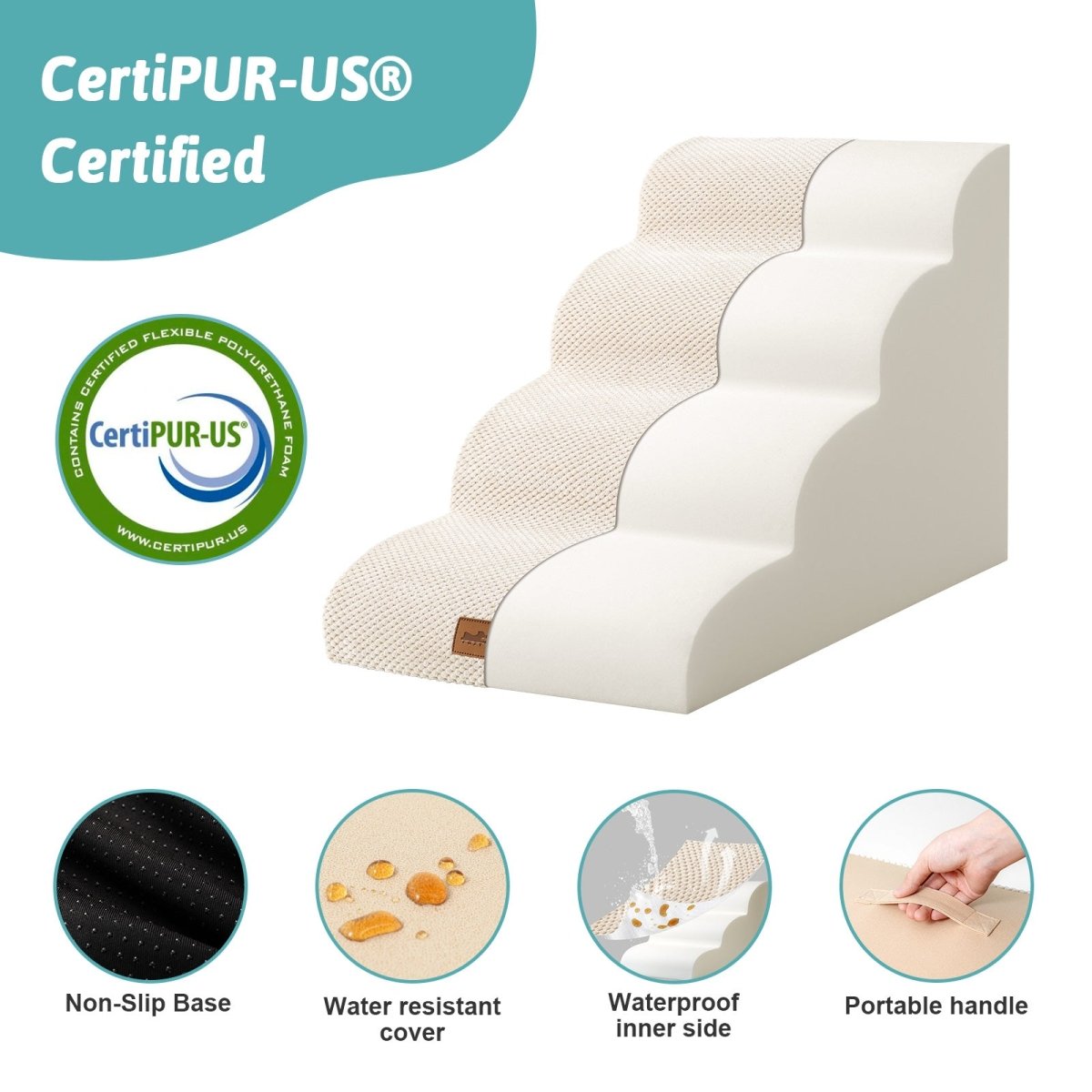 White pet step with CertiPUR-US certification and features on a white background#Color_Beige