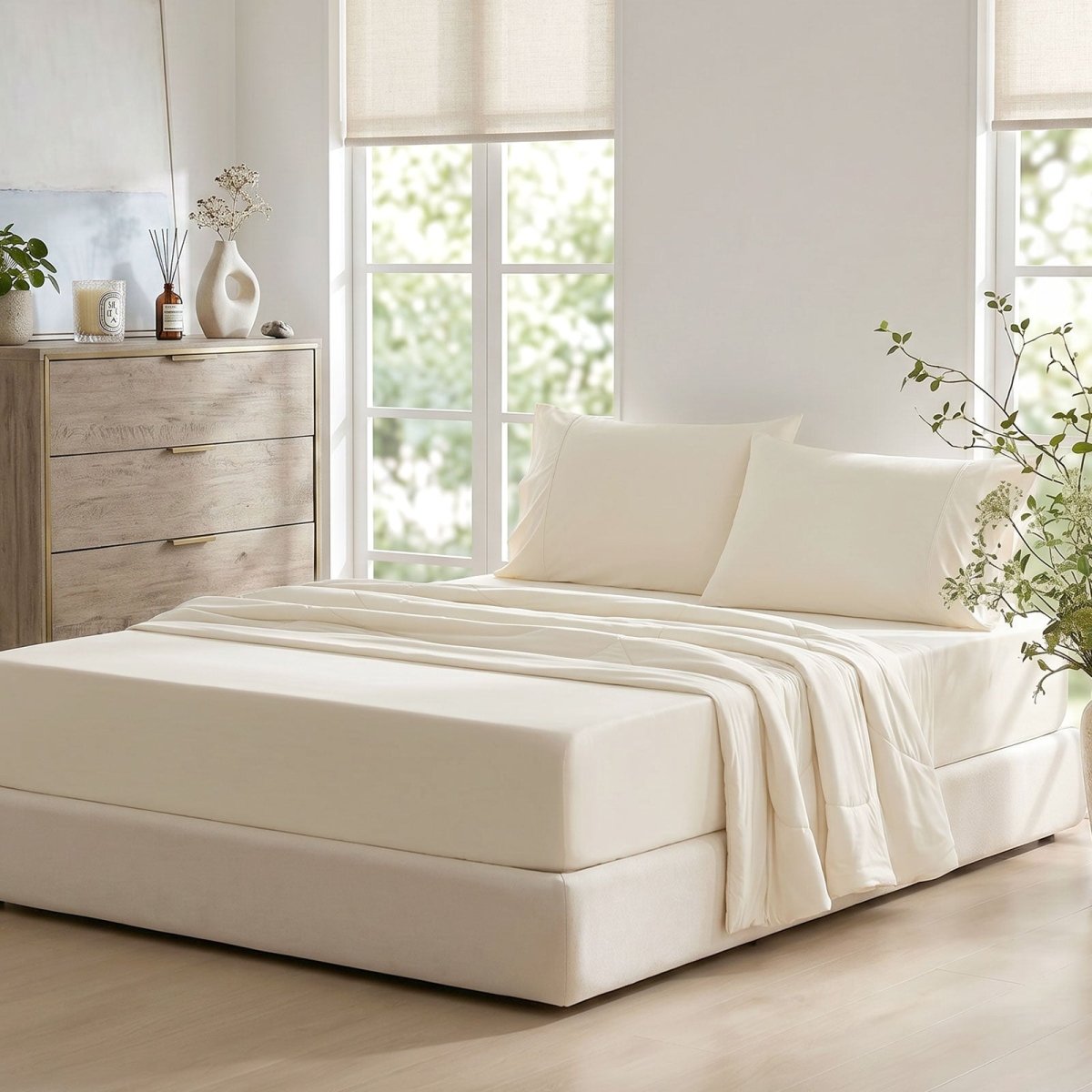 Cream cooling fitted sheet set with pillowcases on bed in side view#Color_Cream White
