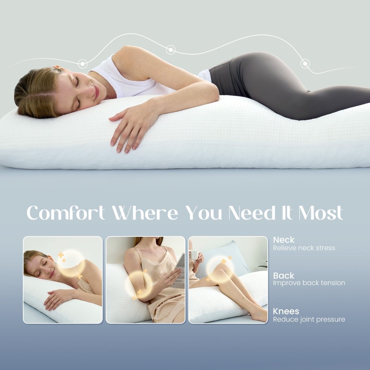 Outlast® Cooling Body Pillow delivers cooling comfort and full-body support for side sleepers, expectant mothers, and anyone seeking pressure relief with a cooler sleep feel.#color_Off White