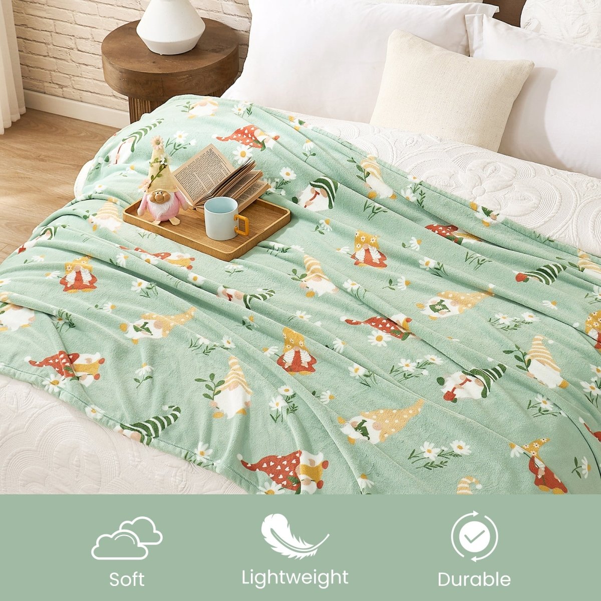 Spring gnomes milkyplush throw blanket in Green displayed on bed, highlighting soft lightweight and durable features #color_Sage Green