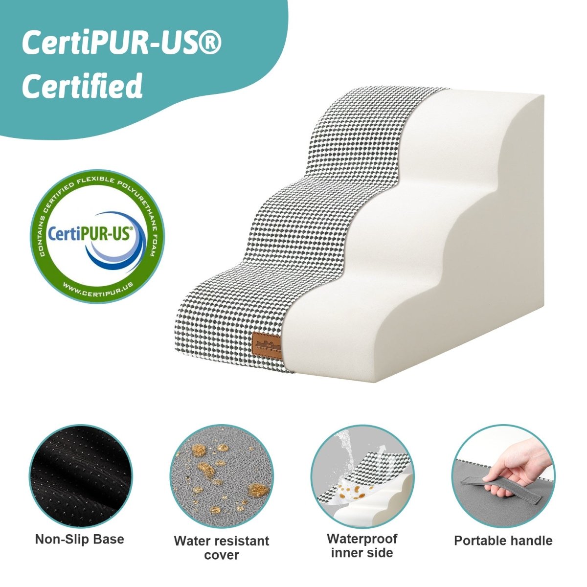CertiPUR-US certified pet stair topper with features highlighted on a white background#color_Black White