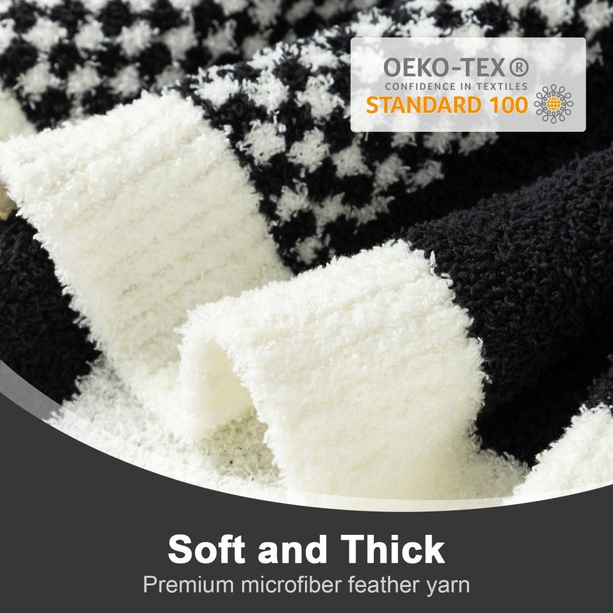 Close up of Checkered Feather Yarn Throw Blanket in Black & White highlighting its premium microfiber feather yarn texture and OEKO-TEX STANDARD 100 certification. #color_Black & White