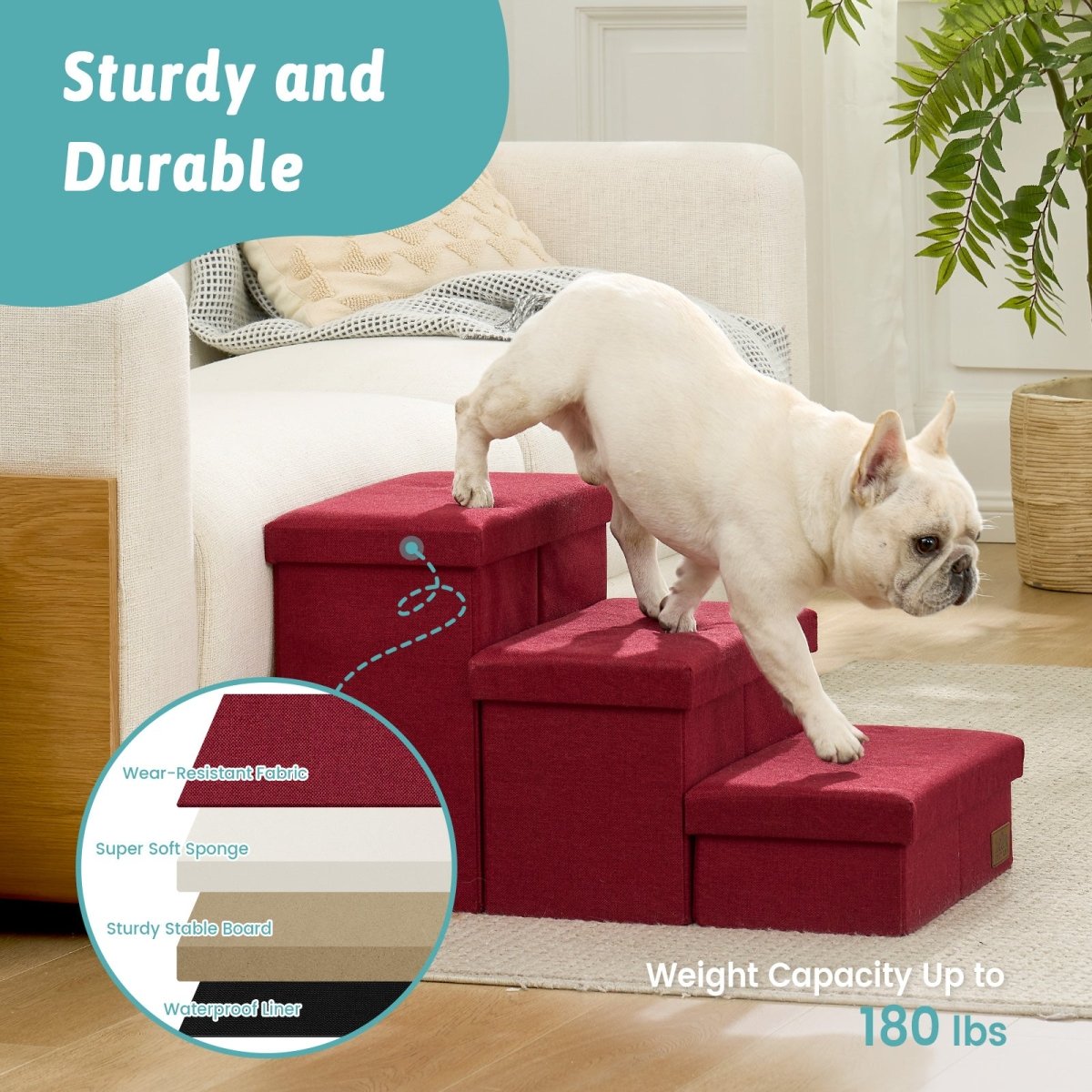 High stability Cozy Bliss storage pet stairs with 180 LBS weight capacity, sturdy and durable. #color_Christmas Red