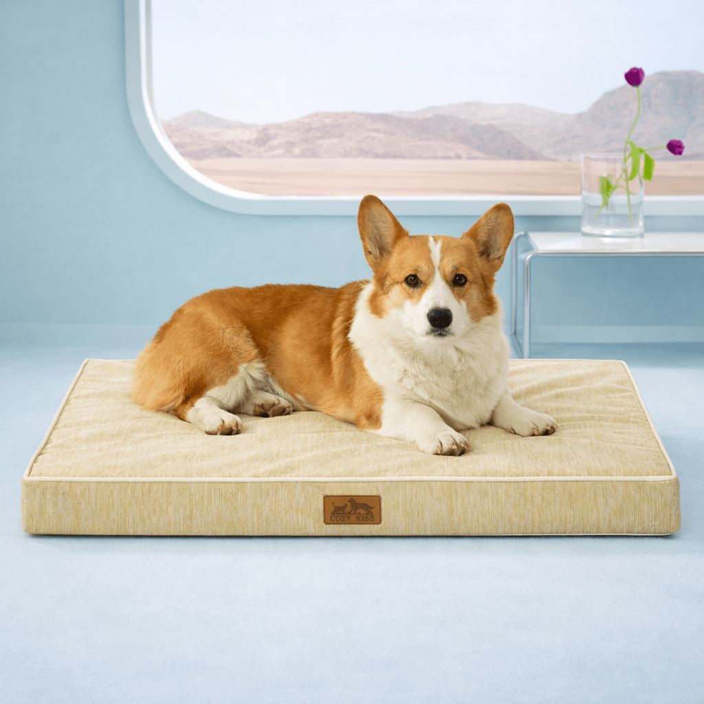 Front view of dog lying on a gray pet bed#color_Beige