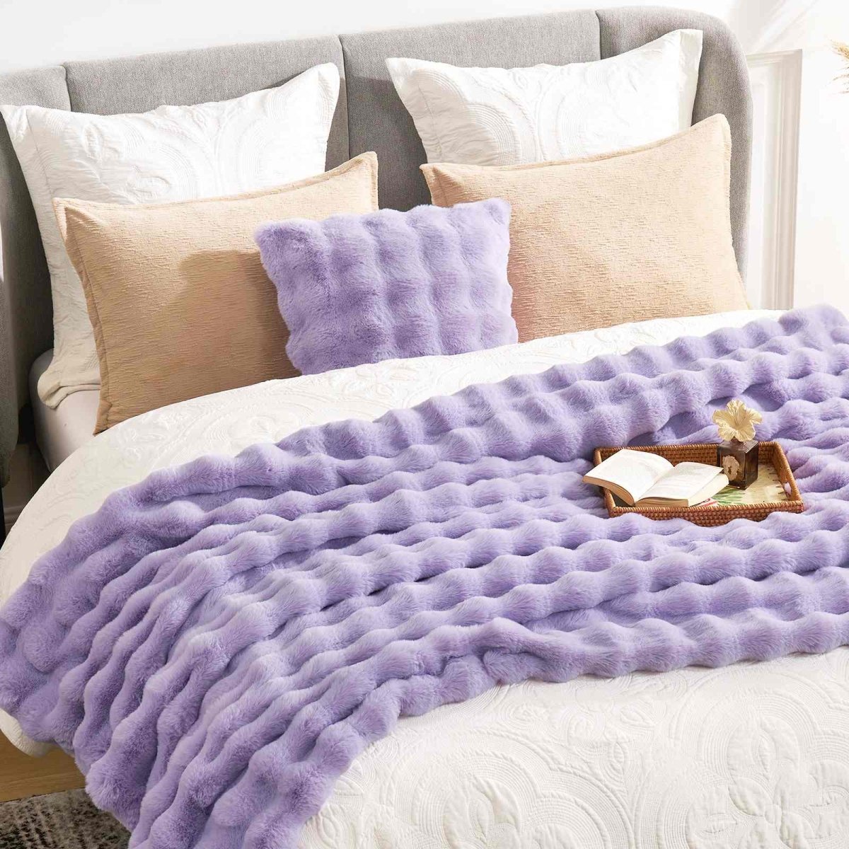 Purple Cozy Bliss faux fur throw blanket on bed. Cozy and soft blanket for bedroom comfort #color_Purple