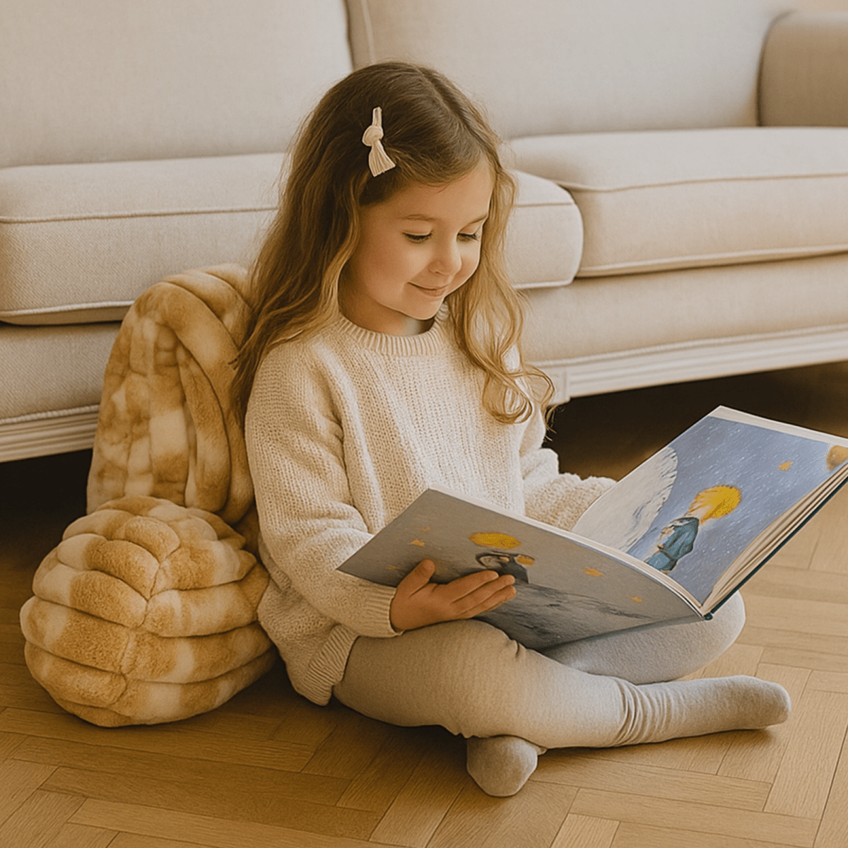 Child reading comfortably beside a Cozy Bliss striped faux fur backrest pillow #color_Tie-dye Beige