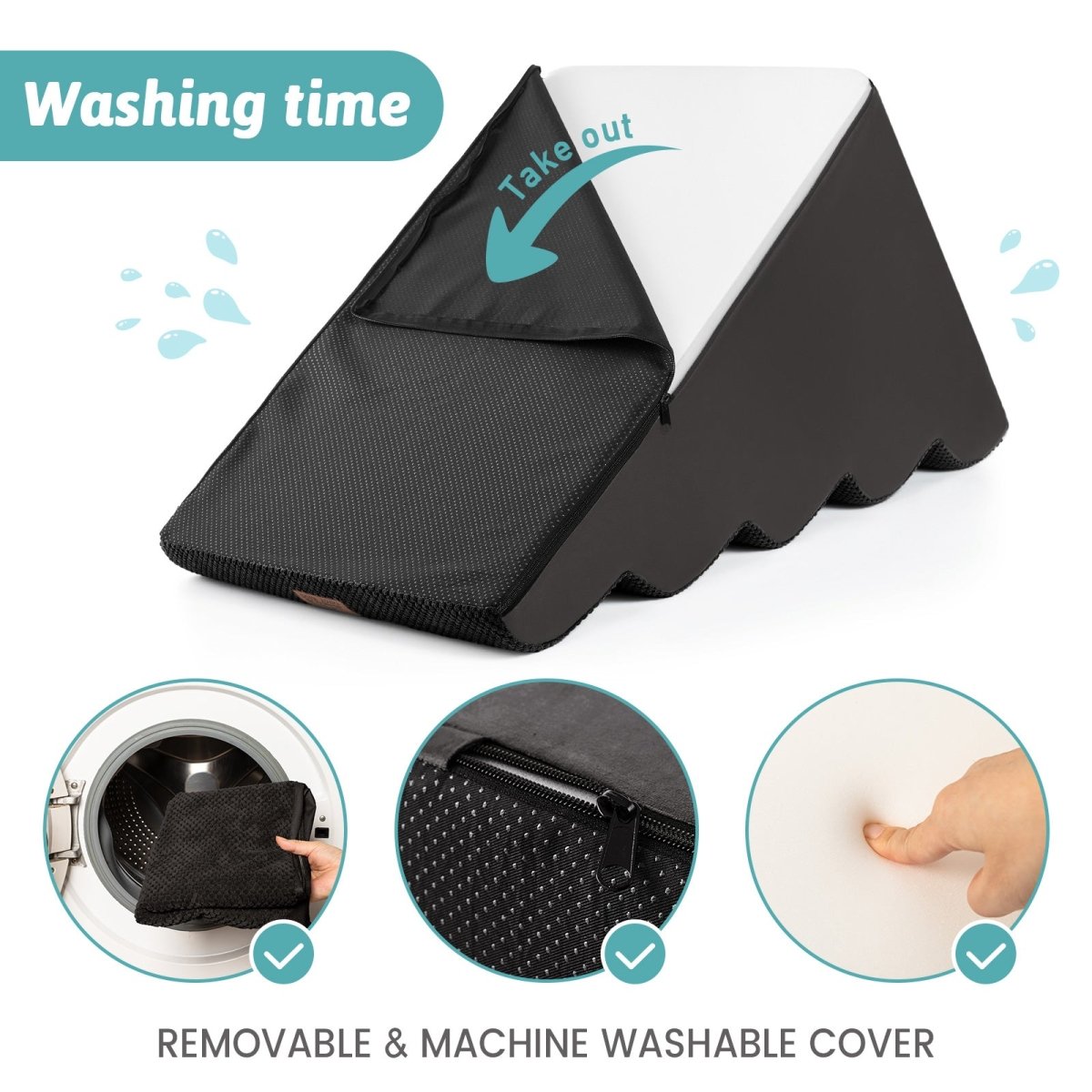 Black pet stair with a removable cover, washing instructions, and product details on a white background.#Color_Black