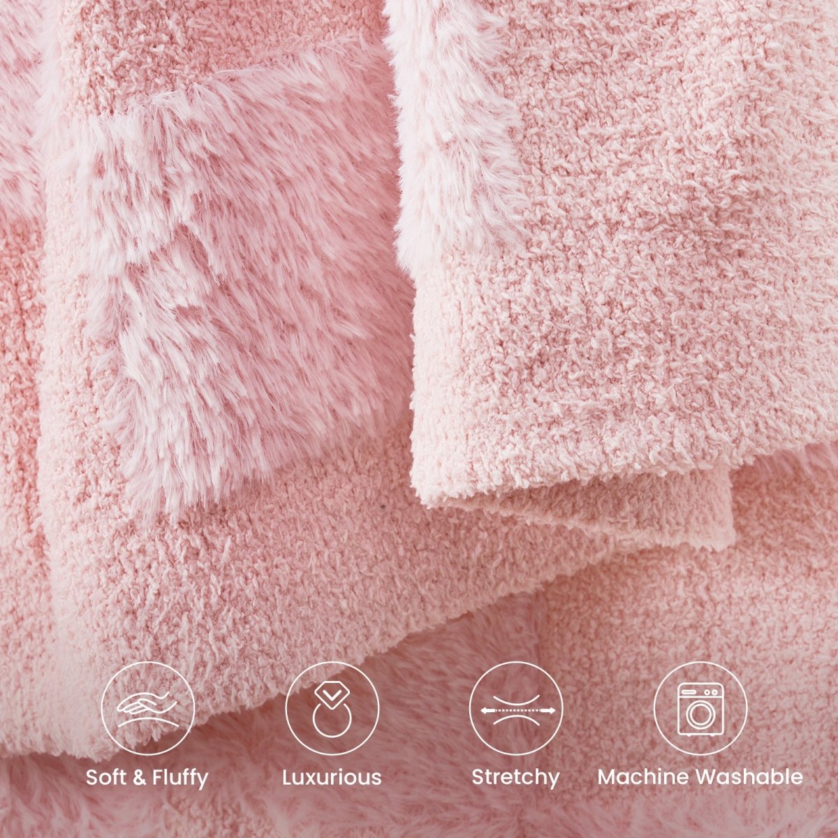 Close-up of Checkered Faux Fur Feather Yarn Throw Blanket in Pink showcasing ultra soft faux fur texture with lightweight, stretchy and machine washable features. #Color_Pink